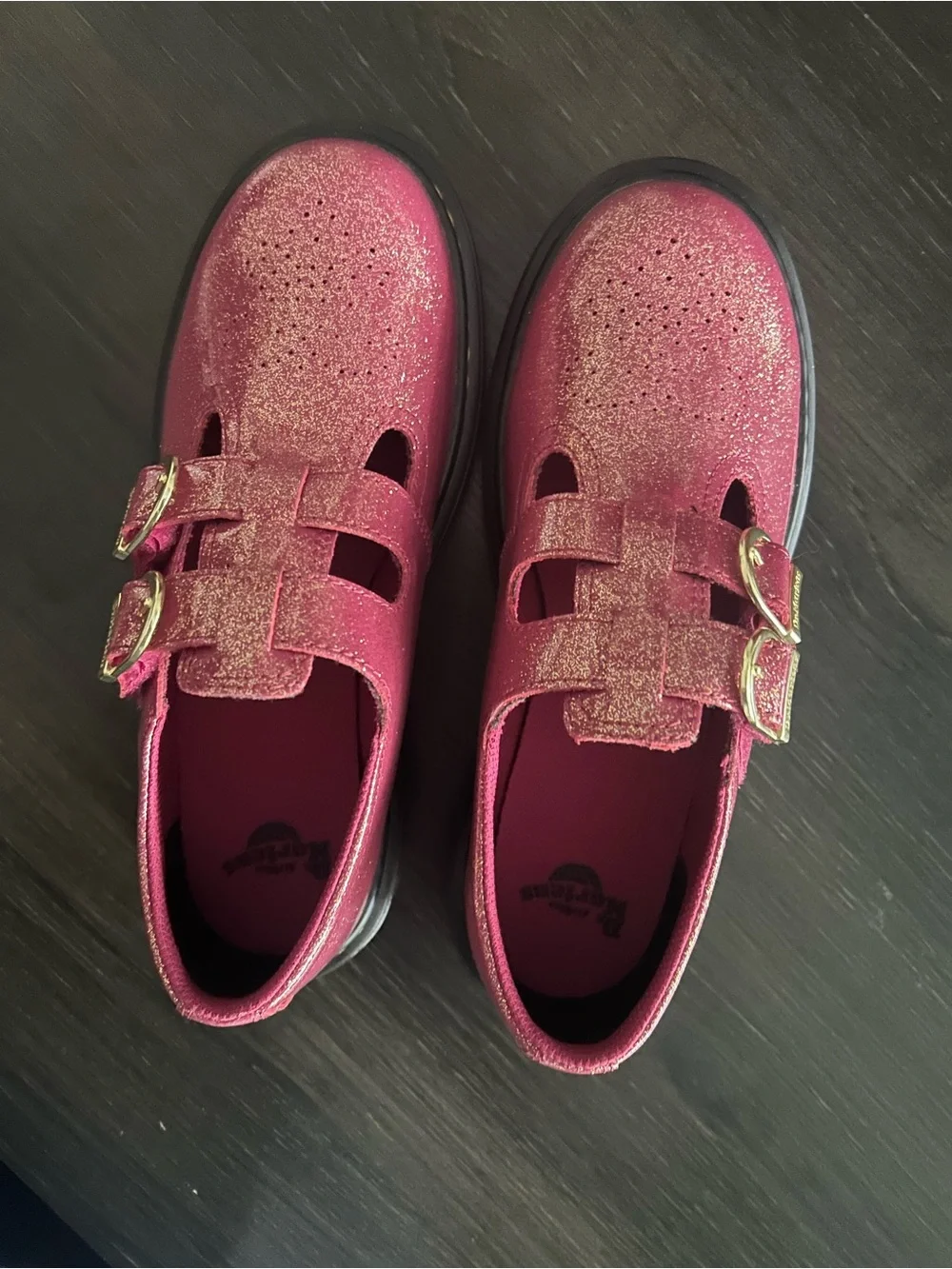 Dr. Martens Women’s 8065 Mary Jane Double Buckle Shoes in Fuchsia Glitter Finish